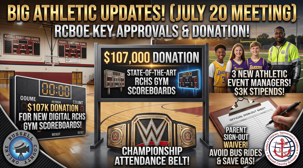$107K Gift, New Sports Roles & Facility Upgrades – Russell Co. Board of Education, July 20, 2026.
