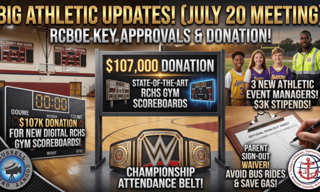 $107K Gift, New Sports Roles & Facility Upgrades – Russell Co. Board of Education, July 20, 2026.